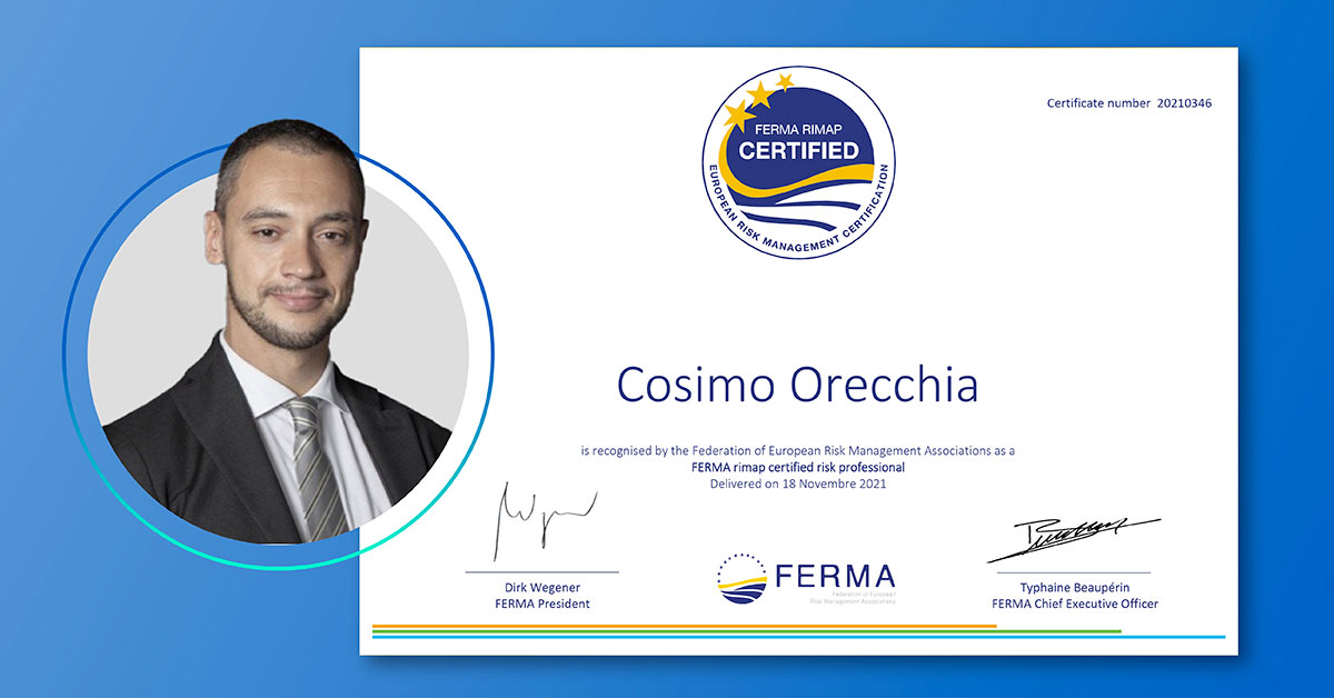 Cosimo Orecchia consegue la certificazione FERMA RIMAP - Augustas: Risk Management a 360°
